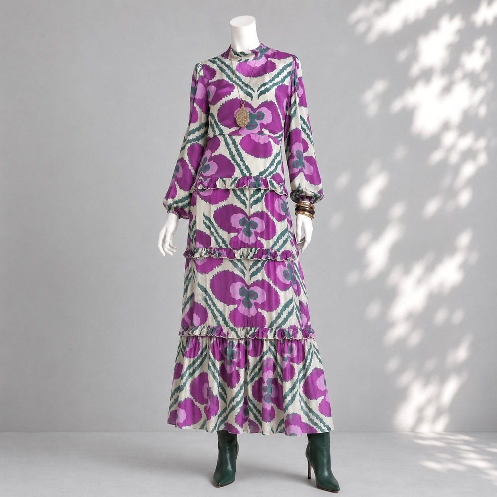 Oliphant Purple Green Floral Boho Tiered Maxi Dress High Neck Long Sleeve Small